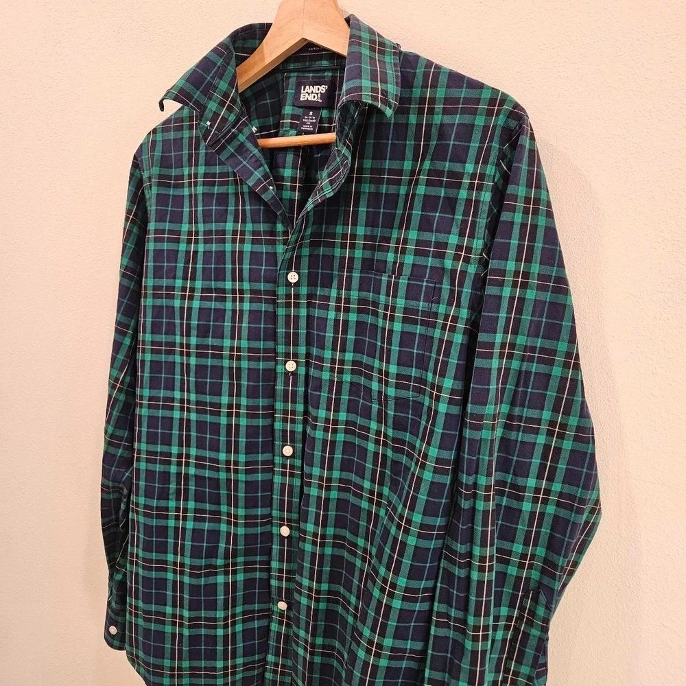 Lands'End No IronTwill long-sleeve button-down shirt green and blue plaid Small